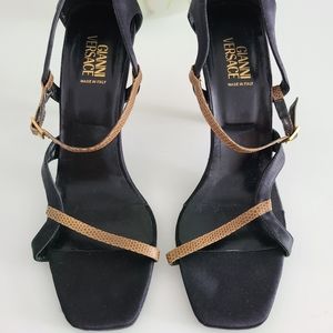 Gianni Versace satin and snake leather strappy rhinestone embellished heels